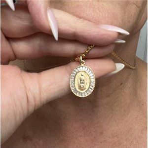 18K Gold Plated Chain Necklace With Cubic Zirconia Virgin Mary Charm Pendant